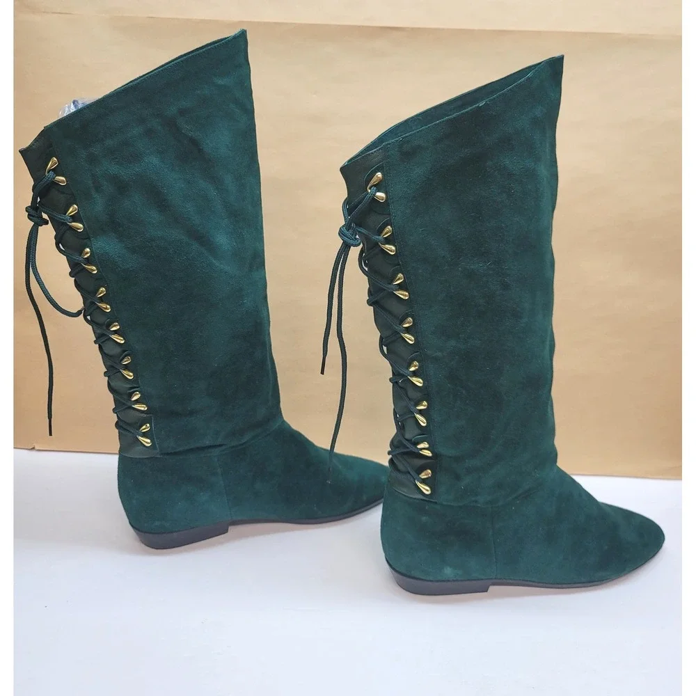Clicks Womens Size 9B Dark Green Suede Tall Lace Up Back Boots Pointed Toe Flat